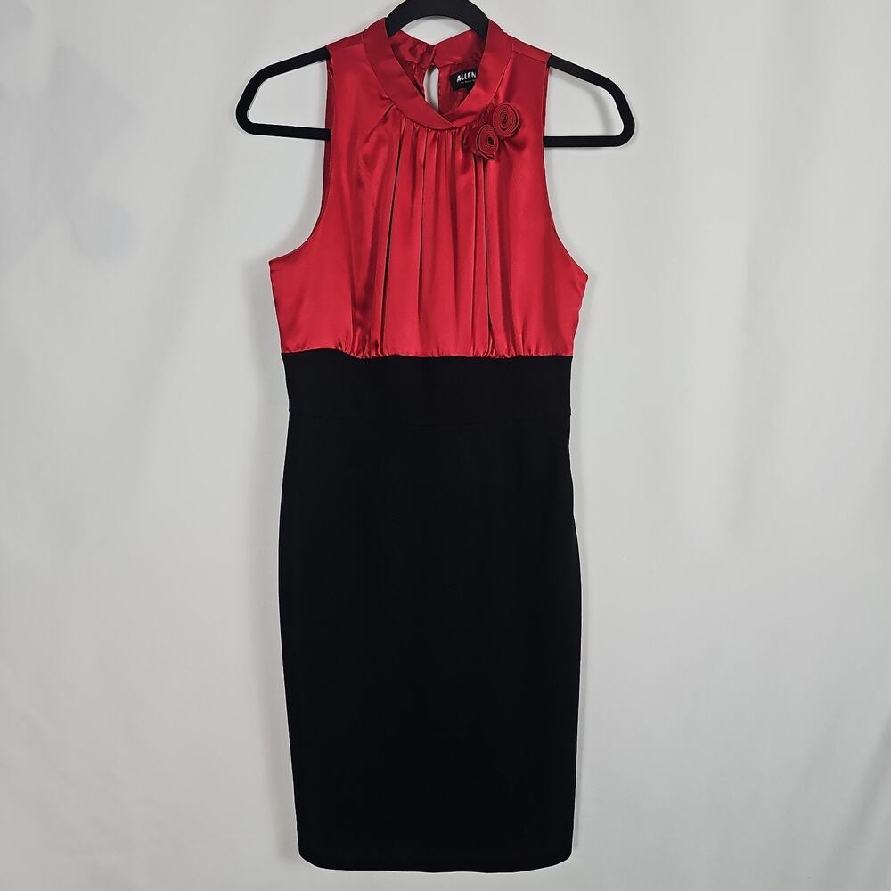 Allen B By Allen Schwartz Dress Size 8 Red Satin Black Colorblock Pencil Sheath